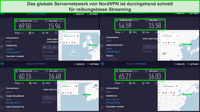 Screenshots der Ergebnisse des Ookla-Geschwindigkeitstests mit NordVPN, das mit Servern in Großbritannien, Südkorea, Australien und den USA verbunden ist.
