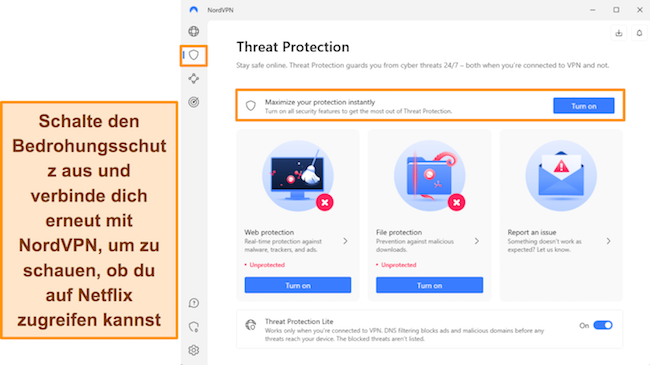 Bild der Windows-App von NordVPN, das die Bedrohungsschutzfunktion und den Schalter zum Ein- und Ausschalten zeigt.
