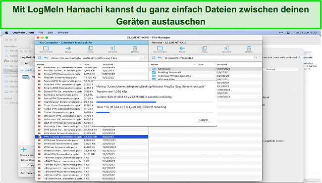 Screenshot von LogMeIn Hamachi, das verwendet wird, um Dateien zwischen meinem Mac und Windows-Geräten auszutauschen
