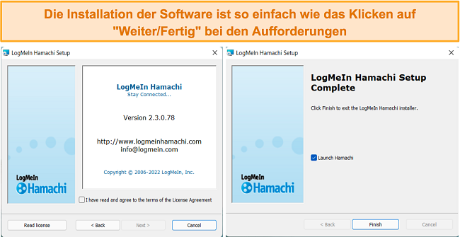 Screenshot des Installationsvorgangs für LogMeIn Hamachi