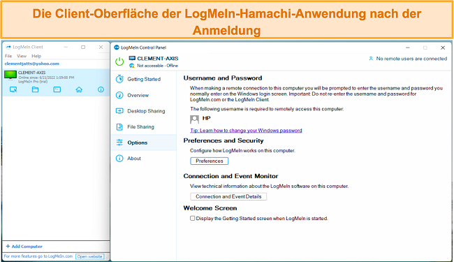 Screenshot der Benutzeroberfläche von LogMeIn Hamachi