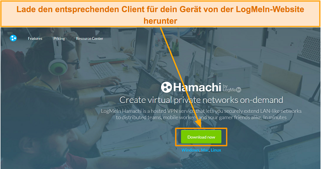 Screenshot der Seite zum Herunterladen der LogMeIn Hamachi-Software