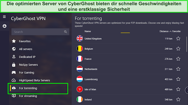 Screenshot des für Torrenting optimierten Servers von CyberGhost