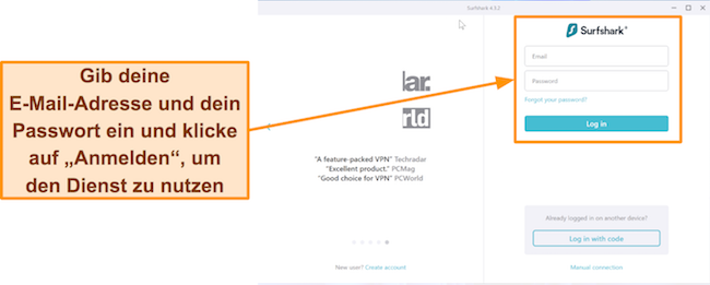 Screenshot der Surfshark-Anmeldeseite