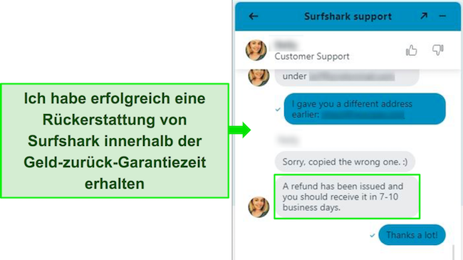 Screenshot des Surfshark-Live-Chats und einer Rückerstattungsanfrage