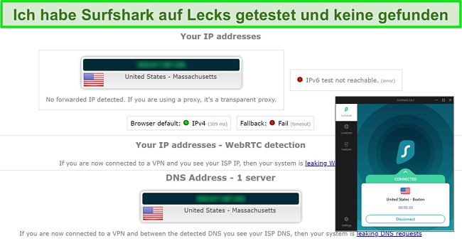 Screenshot der Ergebnisse von Lecktests mit Surfshark, der an einen US-Server angeschlossen ist