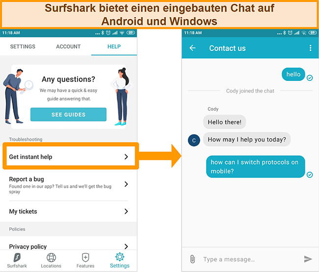 Screenshot der in Surfshark integrierten Live-Chat-Funktion in der Android-App