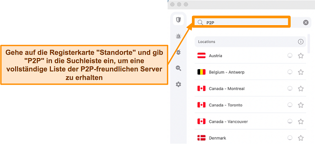 Screenshot der P2P-Server von Surfshark in der Mac-App