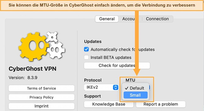 VPN- trennt sich ständig - wie man es behebt - CyberGhost Allgemeine Einstellungen Registerkarte mit MTU-Optionen