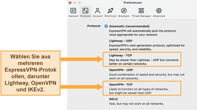 VPN Verbindung wird ständig unterbrochen wie behebe ich das ExpressVPN Protokoll Menü mit anzeige von TCP Protokollen
