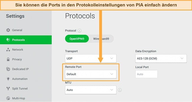 VPN Verbindung wird ständig unterbrochen wie behebe ich das PIA Protokoll Einstellungen Menü