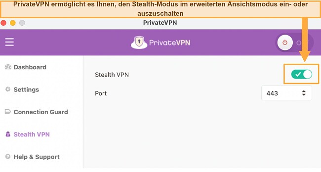 VPN Verbindung wird ständig unterbrochen wie behebe ich das PrivateVPN-Stealth VPN Einstellungen Menü