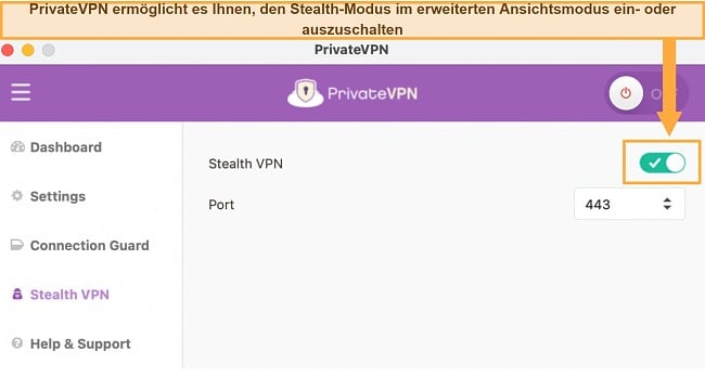 VPN Verbindung wird ständig unterbrochen wie behebe ich das PrivateVPN-Stealth VPN Einstellungen Menü