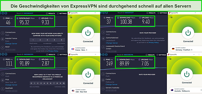 Screenshot von ExpressVPN, das mit mehreren Servern verbunden ist, und die Ergebnisse von Geschwindigkeitstests, die auf diesen Servern ausgeführt werden.