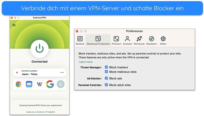 Screenshot von ExpressVPN, das mit einem Server verbunden ist, und seiner erweiterten Schutzblockeroptionen
