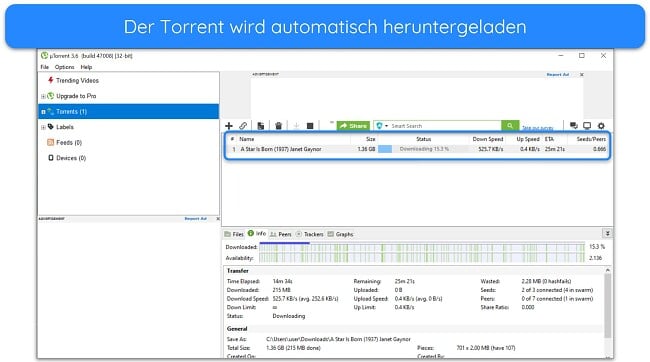 Screenshot des Downloads von „A Star is Born“ auf uTorrent