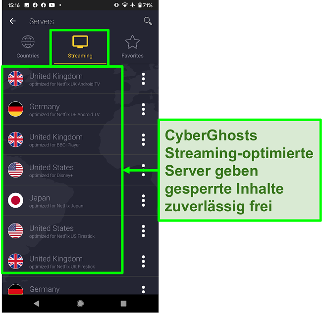 Screenshot der Streaming-optimierten Server von CyberGhost