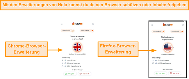 Screenshot der Chrome- und Firefox-Browsererweiterungen von Hola VPN