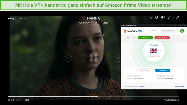 Screenshot von Hola VPN, das HANNA auf Amazon Prime Video entsperrt