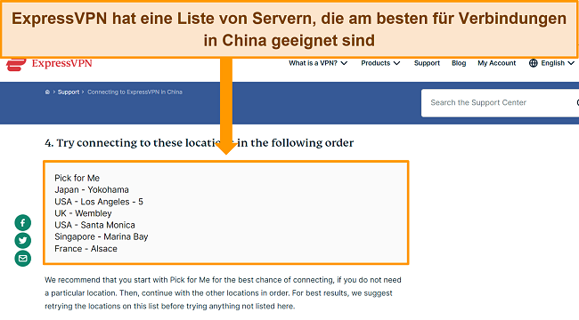 Screenshot der Hilfe-Website von ExpressVPN mit einer Liste der für den Verbindungsaufbau in China empfohlenen Server
