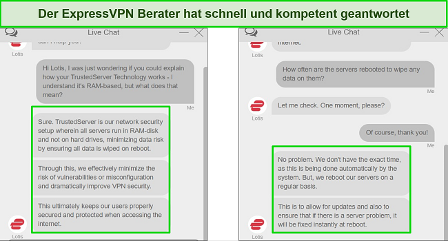 Screenshots des Live-Chats von ExpressVPN mit detaillierten Antworten auf technische Fragen zur TrustedServer-Technologie