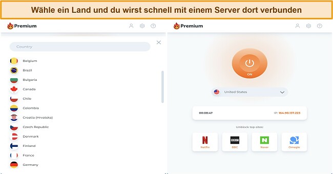 Screenshot der Windows-App-Server-Oberfläche und des Verbindungsbildschirms für Hola