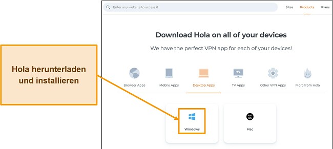 Screenshot des Anwendungs-Download-Bereichs der Hola VPN-Website