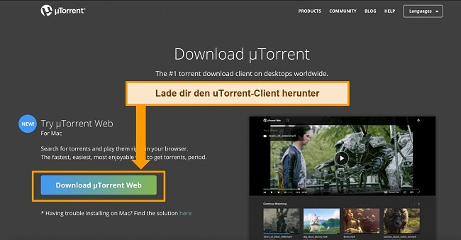 Screenshot der Downloadseite des uTorrent-Clients