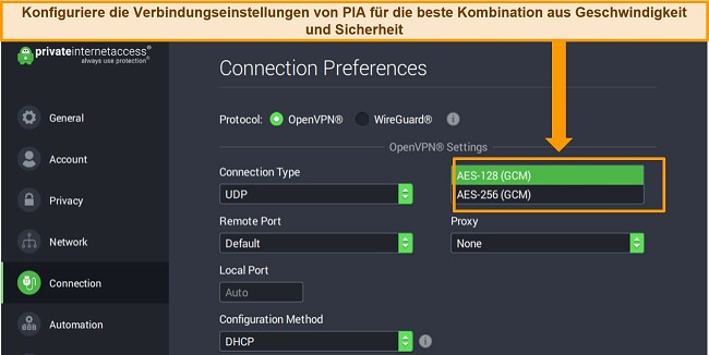 Screenshot der Windows-App von PIA mit geöffneten Verbindungseinstellungen und hervorgehobenen Verschlüsselungseinstellungen