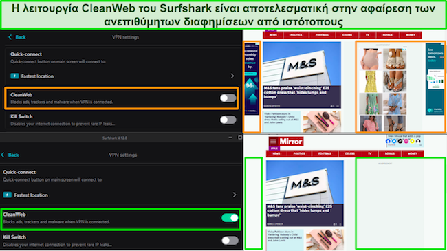 Στιγμιότυπο οθόνης του ιστότοπου της Daily Mail με τη δυνατότητα CleanWeb του Surfshark που αποκλείει όλες τις διαφημίσεις