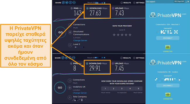 Στιγμιότυπο οθόνης σύγκρισης ταχύτητας PrivateVPN