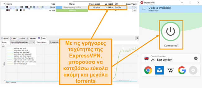 Στιγμιότυπο οθόνης λήψης αρχείων torrent με ρύθμιση σύνδεσης ExpressVPN