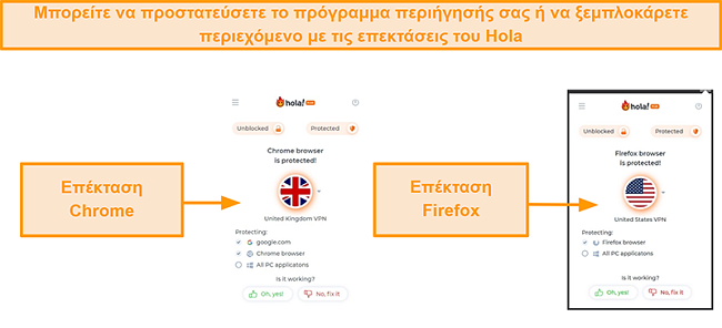 Στιγμιότυπο οθόνης των επεκτάσεων του Chrome και του Firefox του Hola VPN