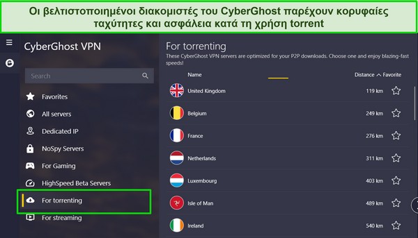 Στιγμιότυπο οθόνης της εφαρμογής Windows του CyberGhost με επισημασμένη τη λίστα διακομιστών torrenting.