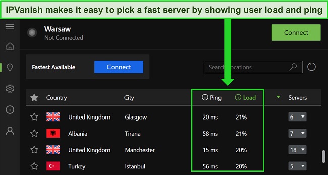 Screenshot of IPVanish Windows app, showing the ping and load server details on the server menu.