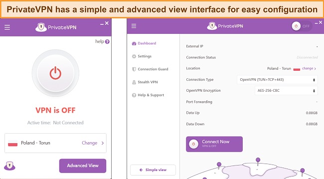 Screenshots of PrivateVPN's simple and advanced view interfaces on Windows app.