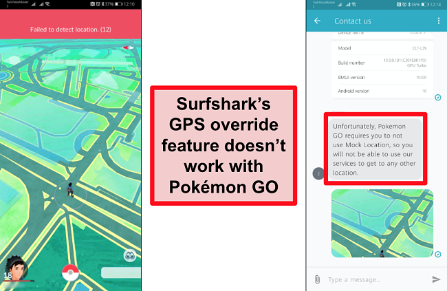 Screenshots of Surfshark customer service confirming Pokémon Go does not work with GPS spoofing, with Pokémon Go screenshot showing it could not detect the current location