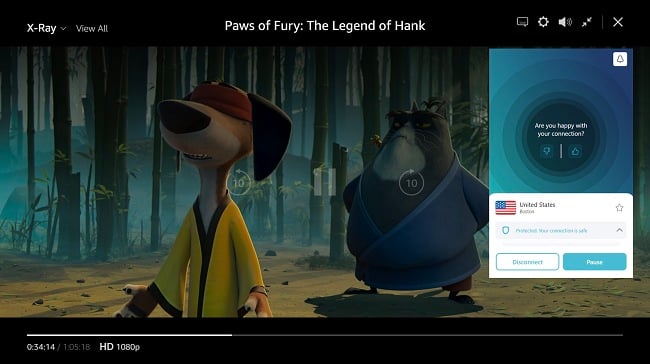 Tangkapan layar Paws of Fury yang diputar di Amazon Prime Video dengan Surfshark yang terhubung ke server di Boston, AS