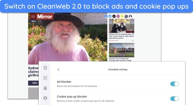 Screenshot of CleanWeb 2.0 blocking ads on The Mirror website