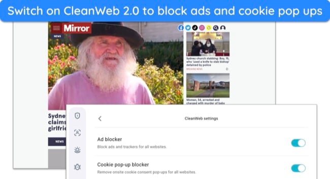 Screenshot of CleanWeb 2.0 blocking ads on The Mirror website