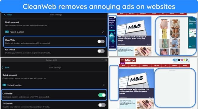 Screenshot of ads on The Mirror news site before and after turning on CleanWeb