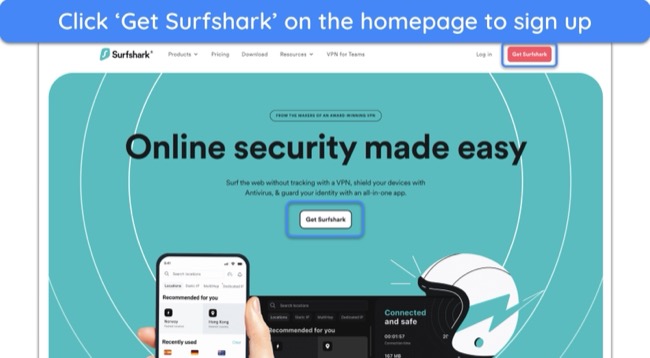 Screenshot of Surfshark's homepage