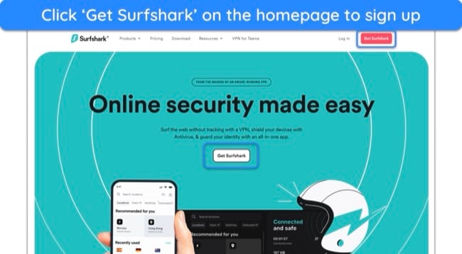 Screenshot of Surfshark's homepage