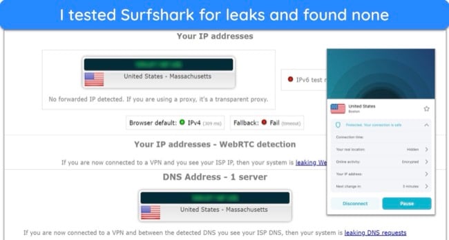 Screenshot of leak test result on Surfshark's server in the US