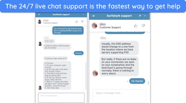 Screenshot of live chat conversations with Surfshark's support team