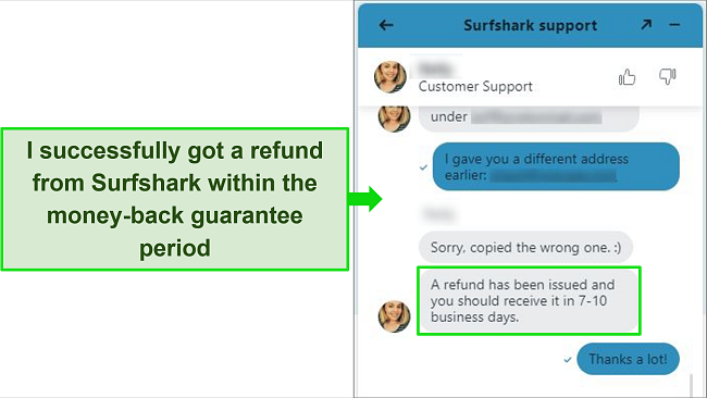Screenshot of Surfshark live chat and a refund request