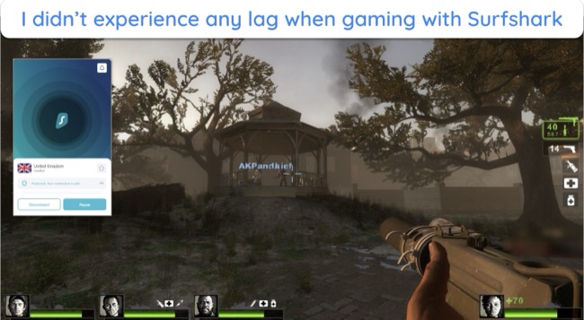 Screenshot of playing Left 4 Dead 2 with Surfshark connected to a server in the UK