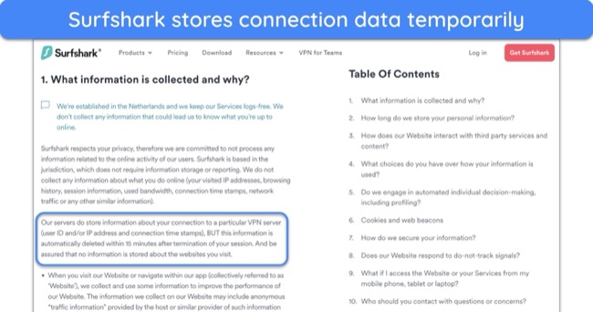 Screenshot of part of Surfshark's privacy policy