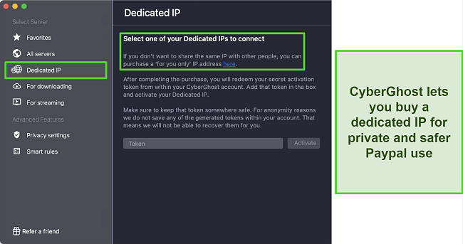 Screenshot showing the location of the dedicated IP option in CyberGhost's macOS app settings
