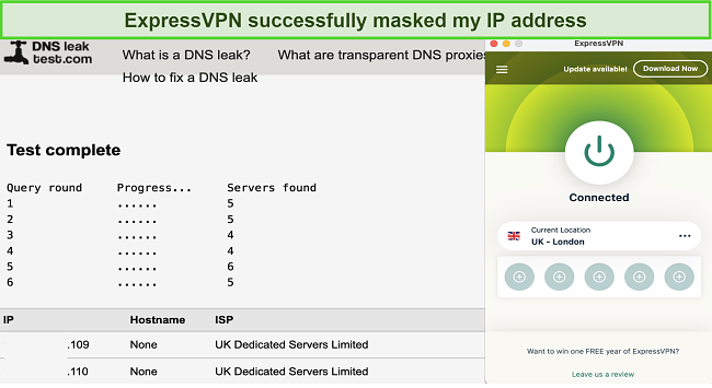 Screenshot of ExpressVPN passed my IP and DNS leak test while connected to its London server